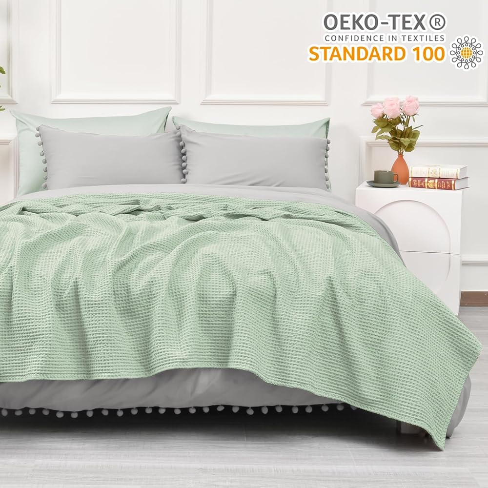 PHF Couverture 100 % coton - 230 x 270 cm - En nid d'abeille douce - Légère - Pour canapé, lit de mer, 230 x 270 cm - Vert herbe : Cuisine et Maison