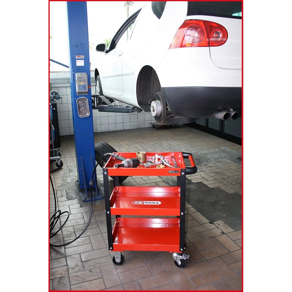 KS TOOLS 890.0001 - Chariot d'atelier métal - Plateaux à rebords - Avec poignée latérale - Avec 4 roues directionnelles - En acier Couleur : Commerce, Industrie et Science