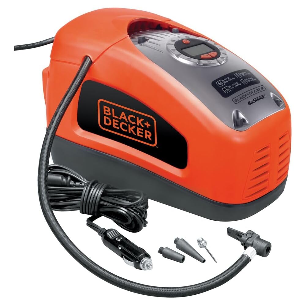BLACK+DECKER ASI300-QS Gonfleur-Compresseur Filaire - 11 Bars - 160 PSI - 220 V ou Allume-Cigare 12V - Fourni avec 1 Aiguille et 2 Embouts : Bricolage