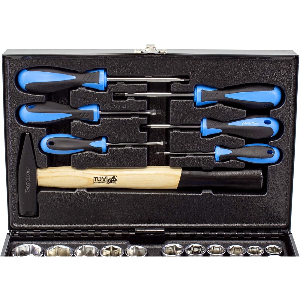 Karcher Mallette à outils 117 pièces - Ensemble d'outils avec marteau, tournevis, jeu de douilles et beaucoup plus : Bricolage