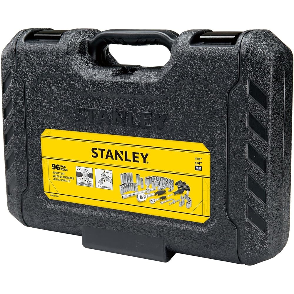 Stanley - COFFRET DE DOUILLES - 1 Cliquet 72 dents ¼’’ - 1 Cliquet 72 dents ½’’ - 41 embouts de vissage - JEU DE 96 PCS - STMT17379-1 : Bricolage