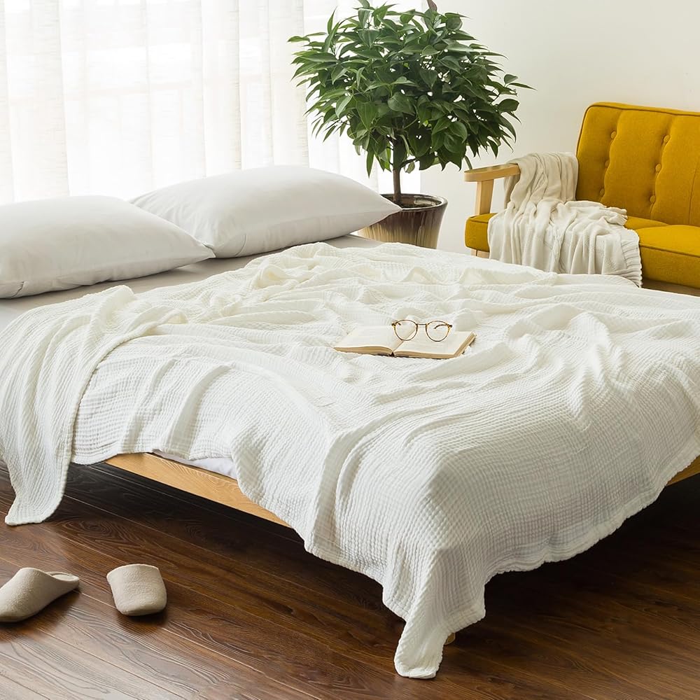 EMME – Grande couverture en coton doux à 6 couches pour lit queen size, toutes saisons, légère et respirante (blanc, 203 x 228,5 cm) : Bébé et Puériculture