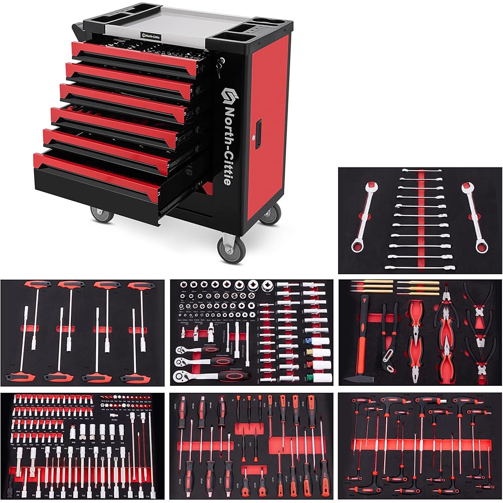 North-Cittie 7-Box XXL Edition Chariot à Outils avec 256 Pièces D'outils Professionnels, Idéal pour I'atelier, la Maison, Le Chariot Qui Vous Donne Un Monde de Bricolage Plus Ordonné : Bricolage