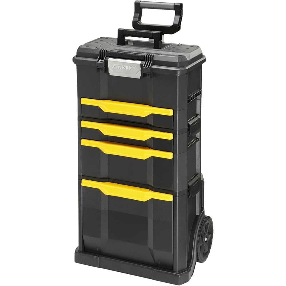 Stanley 1-79-206 Servante modulable avec 4 Tiroirs montés Sur Glissière - Système de Clips Latéraux - Poignée Télescopique - Polypropylène - Dimensions 866 x 488 x 348mm Noir : Bricolage