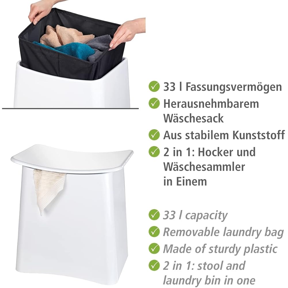 WENKO Tabouret de Salle de Bain Panier à Linge 33L Blanc