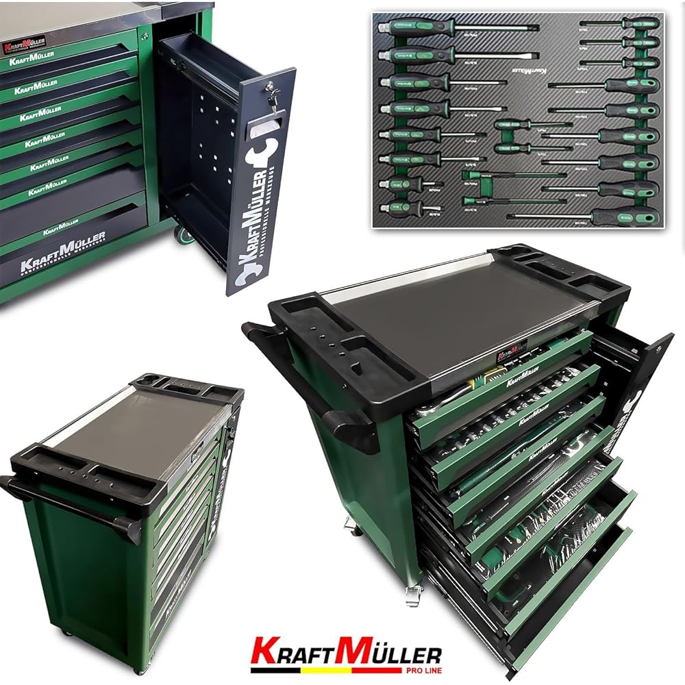 Servante d'atelier Kraft Muller KM-XXL-8/7 TOOL VERT ARMEE, 309 outils avec clé Dynamo, 7 tiroirs/1 porte Façade, roulettes : Bricolage