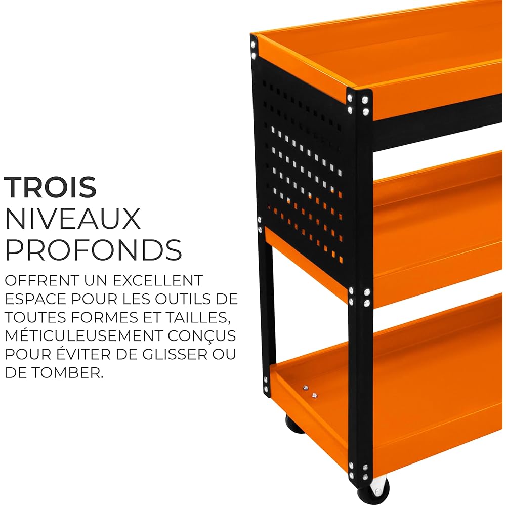 Chariot à Outils 81 x 36 x 79cm Acier Thermolaqué 3 Niveaux Capacité Totale 150KG - Tiroir Verrouillable - Servante sur roulettes Atelier Garage Bricolage Rangement [6 Crochets & 2 Clés Inclus] : Bricolage