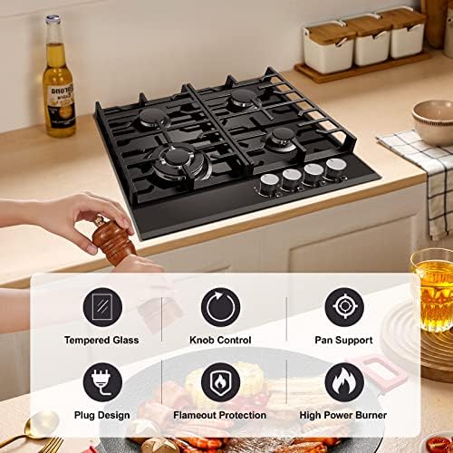 TopStrong Plaque de cuisson gaz 4 feux verre noir