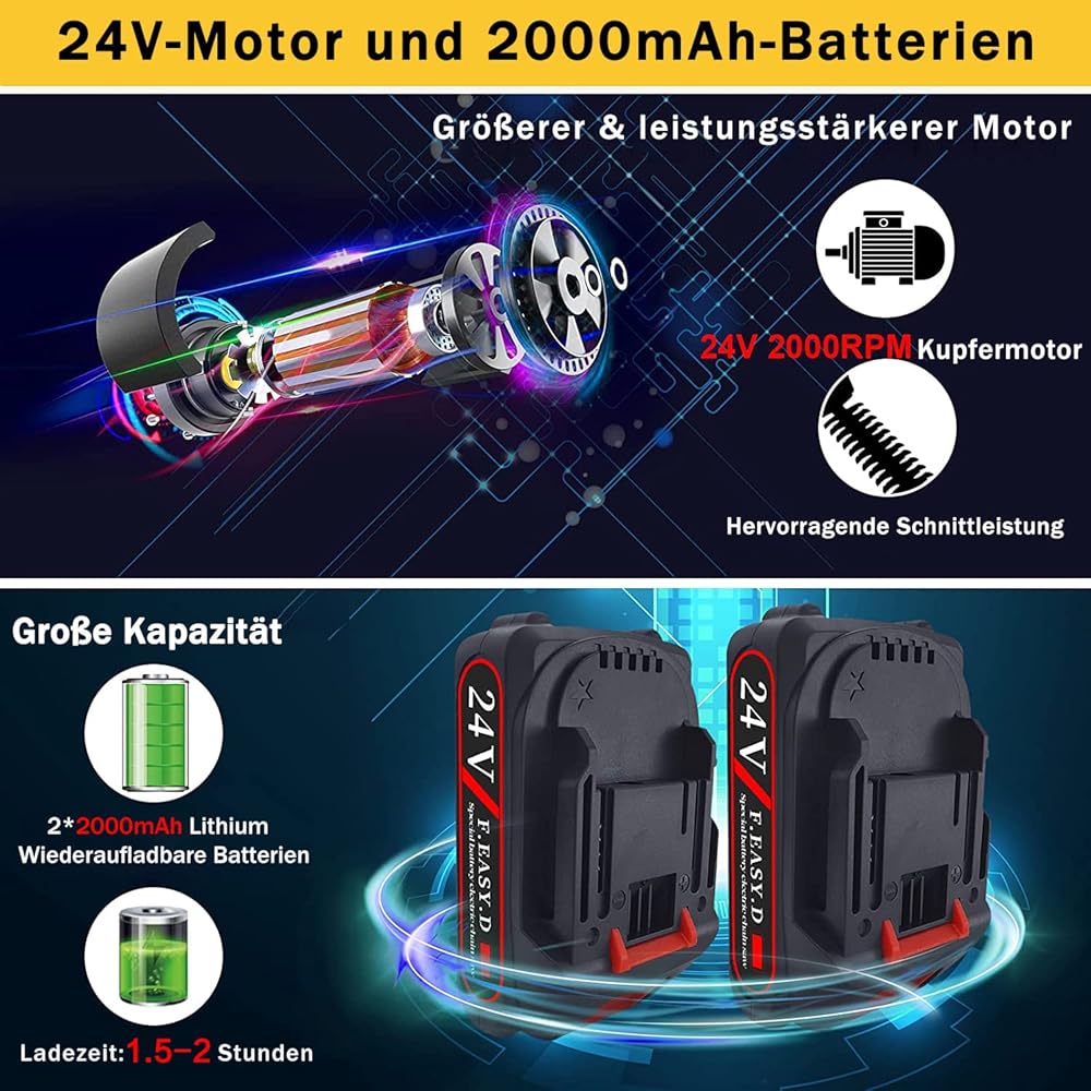 Cisaille à gazon sans fil 2 en 1 et taille-haie sans fil 2 en 1 - 2 lames - Batterie Li-ion rechargeable 24 V 2000 mAh - 2 lames - Pour jardin et pelouse : Jardin