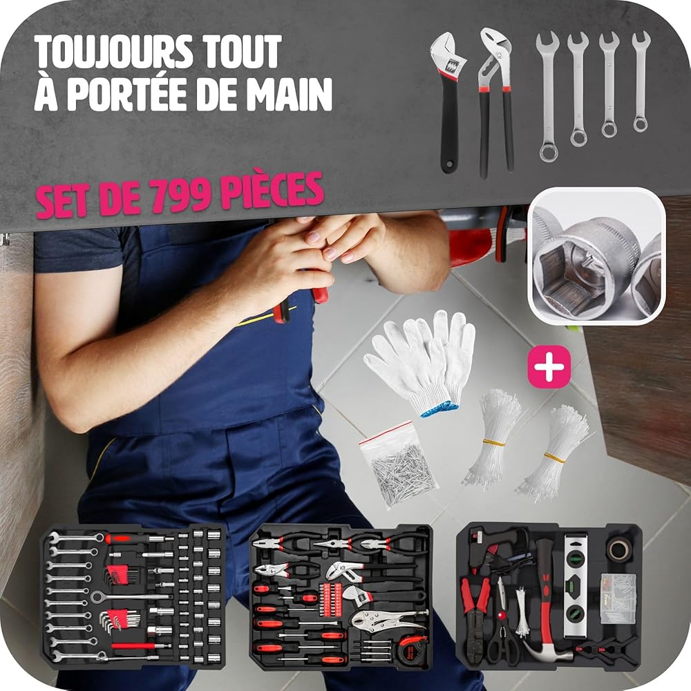 tectake® Caisse à outils sur roulettes Boîte à outils en Aluminium 799 Pièces 3 Compartiments, Rangement atelier Outillage à main Bricolage Embout visseuse Kit tournevis Rangement visserie : Bricolage