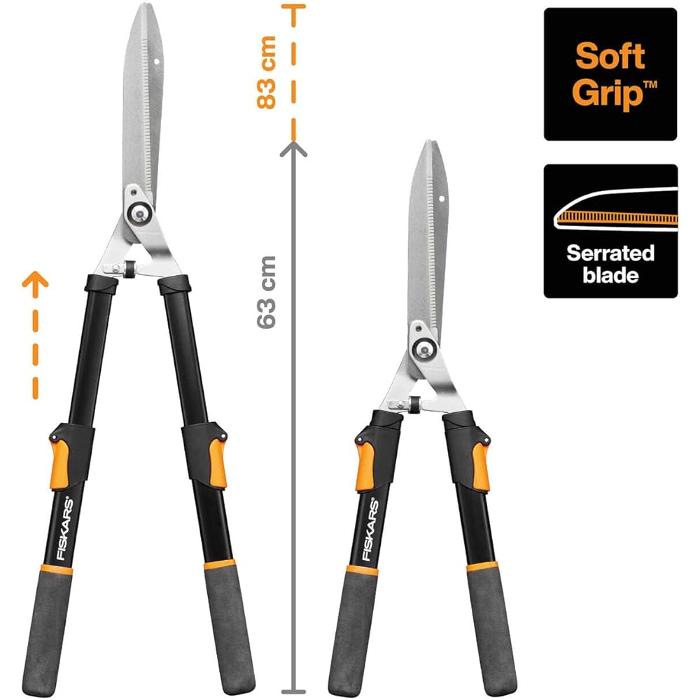 Fiskars Cisaille à Haies Télescopiques, Poignées SoftGrip, Lames en acier de qualité supérieure, Longueur : 63 - 83 cm, Noir/Orange, HS13, 1027527 : Jardin