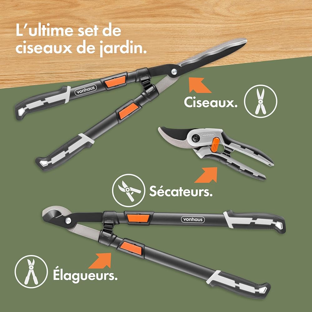 VonHaus Lot de 3 Cisailles de Jardin – Coupe-Branches, Taille-Haie, Sécateur – Poignées Télescopiques Extensibles – Prise Douce – Outils Légers : Jardin