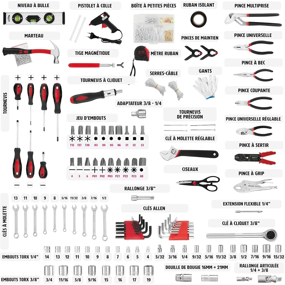 tectake® Caisse à outils sur roulettes Boîte à outils en Aluminium 799 Pièces 3 Compartiments, Rangement atelier Outillage à main Bricolage Embout visseuse Kit tournevis Rangement visserie : Bricolage
