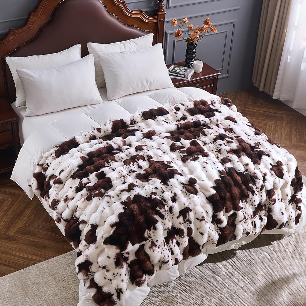 YBIKE Couverture à Bulles en Fausse Fourrure de Lapin, Couverture Sherpa Moelleuse, Douce et Chaude, réversible, épaisse pour lit, canapé (Marron Vache, 200 x 150 cm) : Cuisine et Maison