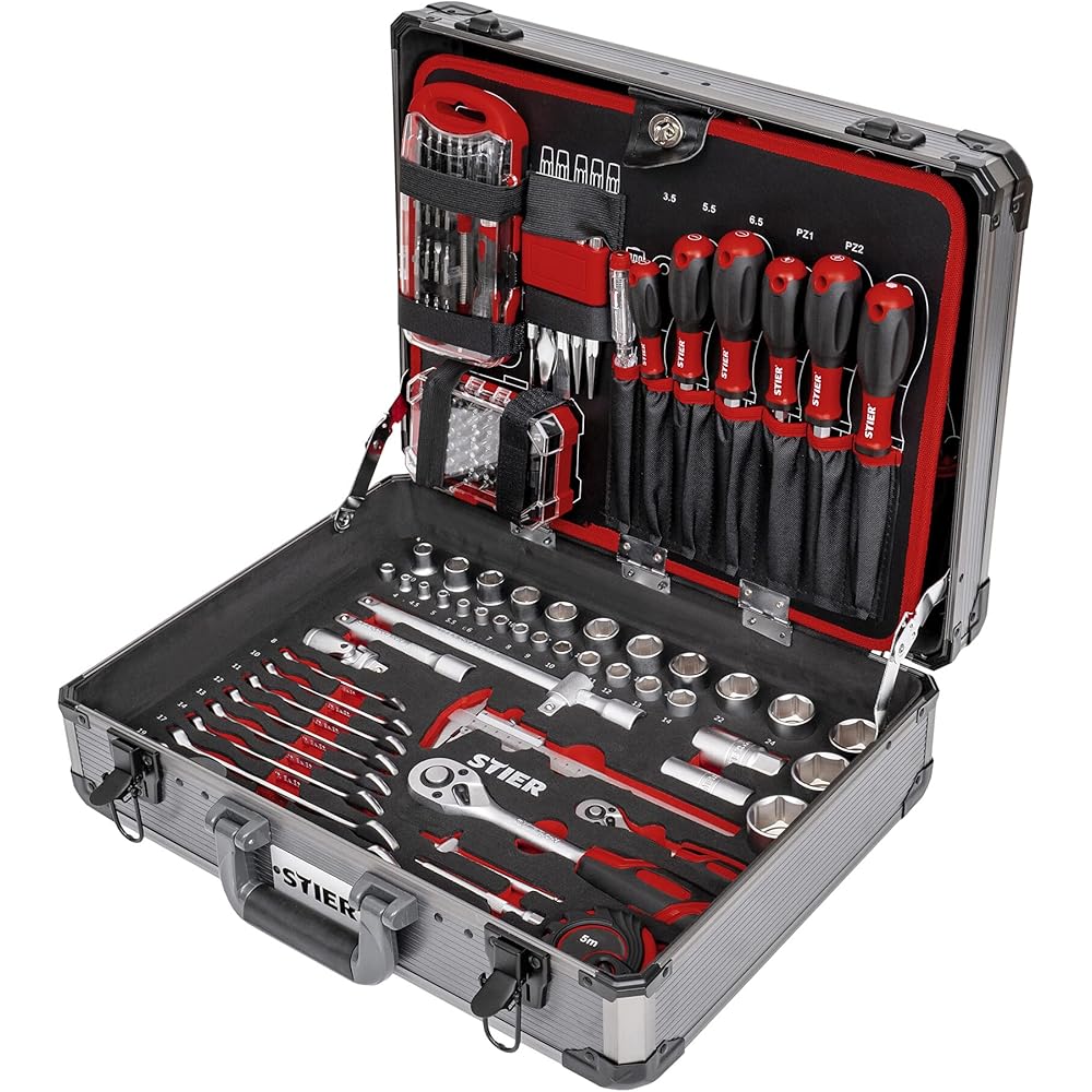STIER Mallette à outils complète, boîte à outils en aluminium de 144 pièces, outils universels pour les réparations quotidiennes, y compris tournevis, ciseaux, pinces et scies : Bricolage