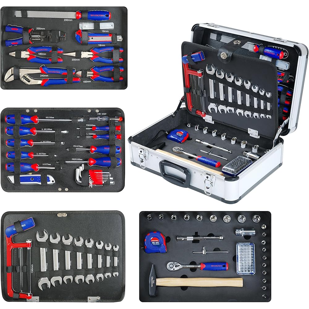 WORKPRO Caisse à Outils Complete Professionnelle avec Mallette en Aluminium, Boite à Outils Complete pour Réparation Dommestique ou de Travail 119 Pièces : Bricolage