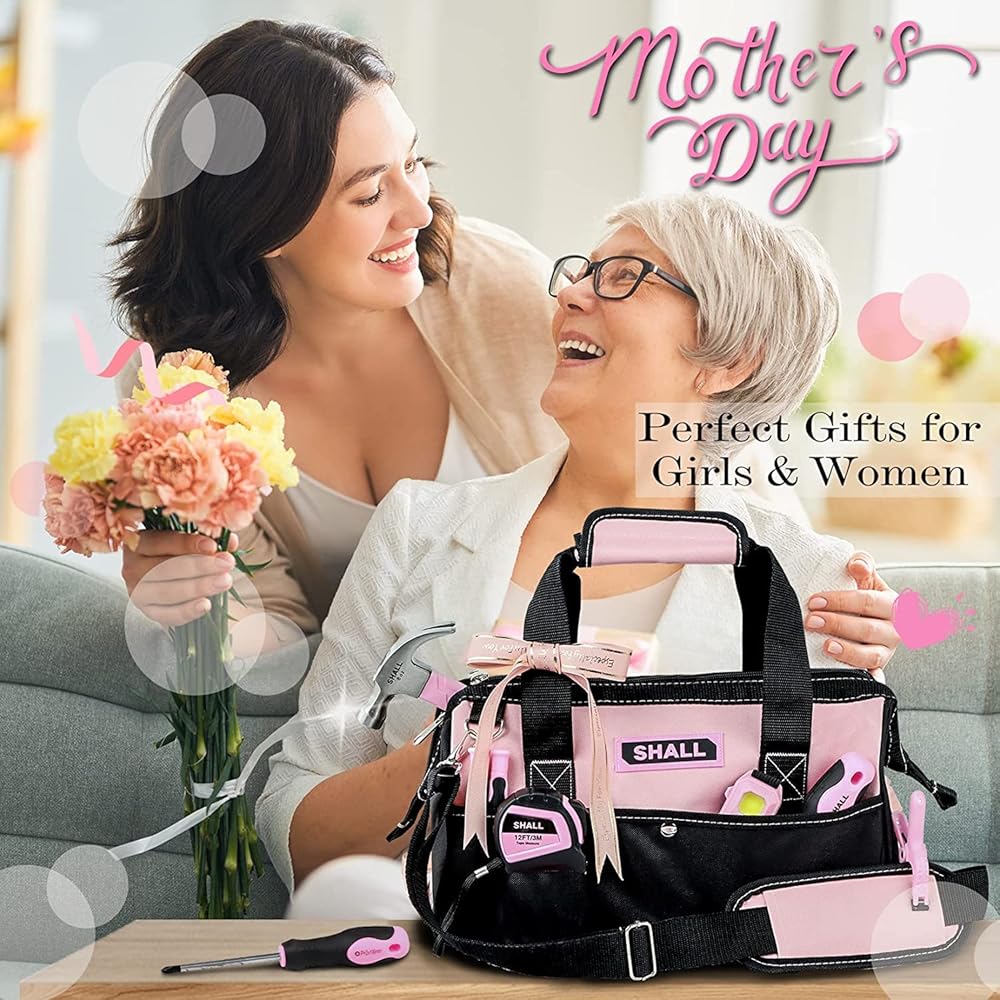 SHALL Ensemble d'outils roses de 246 pièces pour femme, trousse d'outils de base pour la maison avec sac à outils ouvert de 35,6 cm de large, ensemble d'outils à main pour la réparation, l'entretien : Bricolage