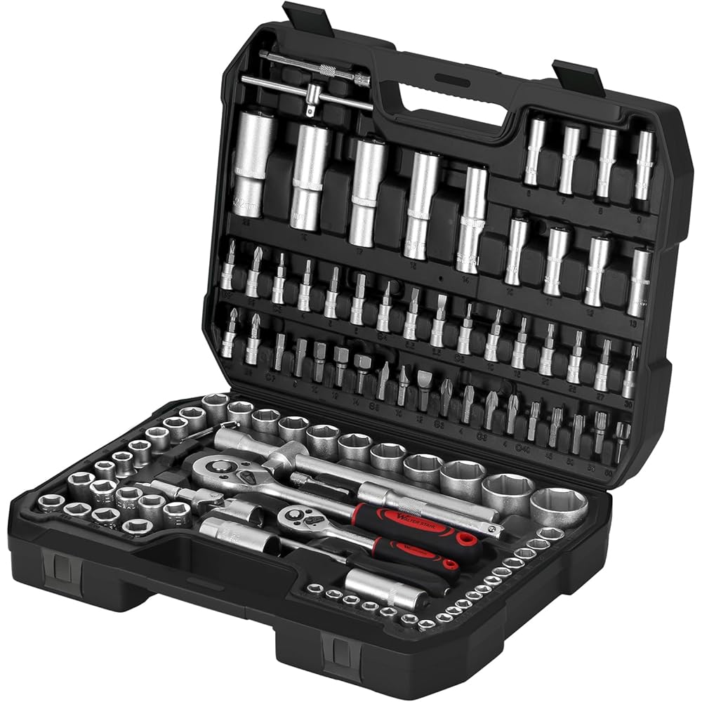 Walter Jeu de douilles en acier 108 pièces avec boîte à douilles 1/4" et 1/2", avec cliquet, clé à douille et jeu d'embouts, douilles, mallette à outils : Bricolage