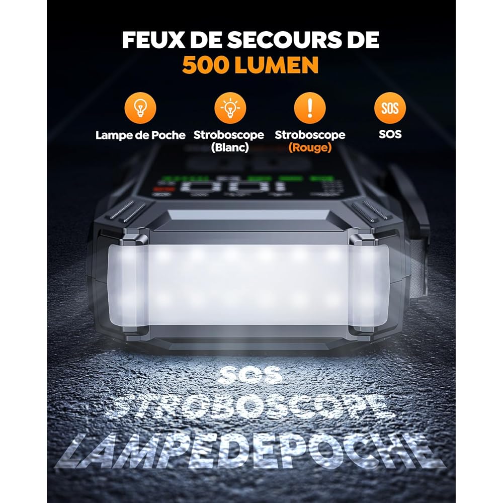 Booster Batterie Voiture avec Compresseur D’Air 150PSI, 5500A YaberAuto Booster Batterie Voiture Puissant (Tous Gaz/Diesel 10L) Démarreur avec Charge Rapide 18W, DC 150W LED 4 Modes 3,3 Grand Écran : Auto et Moto