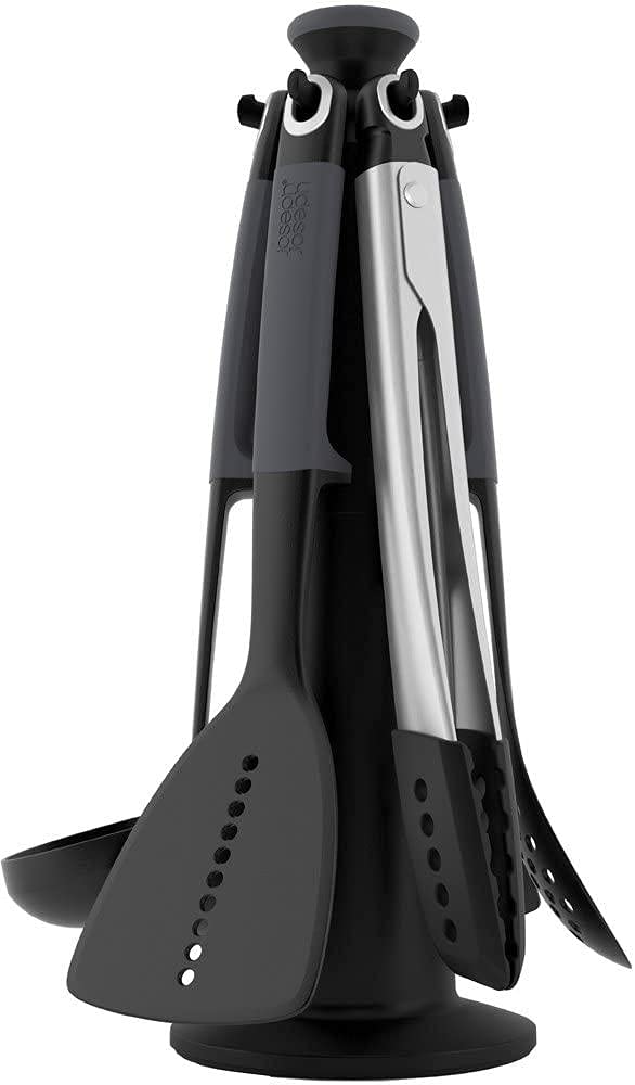 Joseph Joseph Elevate Lot de 6 Ustensiles et Pinces de cuisine en Nylon, Antiadhésif et Résistant à la chaleur jusqu'à 200 ℃ avec Porte-Ustensiles Rotatif, Inox/Noir : CD et Vinyles