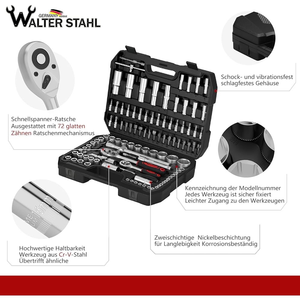 Walter Jeu de douilles en acier 108 pièces avec boîte à douilles 1/4" et 1/2", avec cliquet, clé à douille et jeu d'embouts, douilles, mallette à outils : Bricolage
