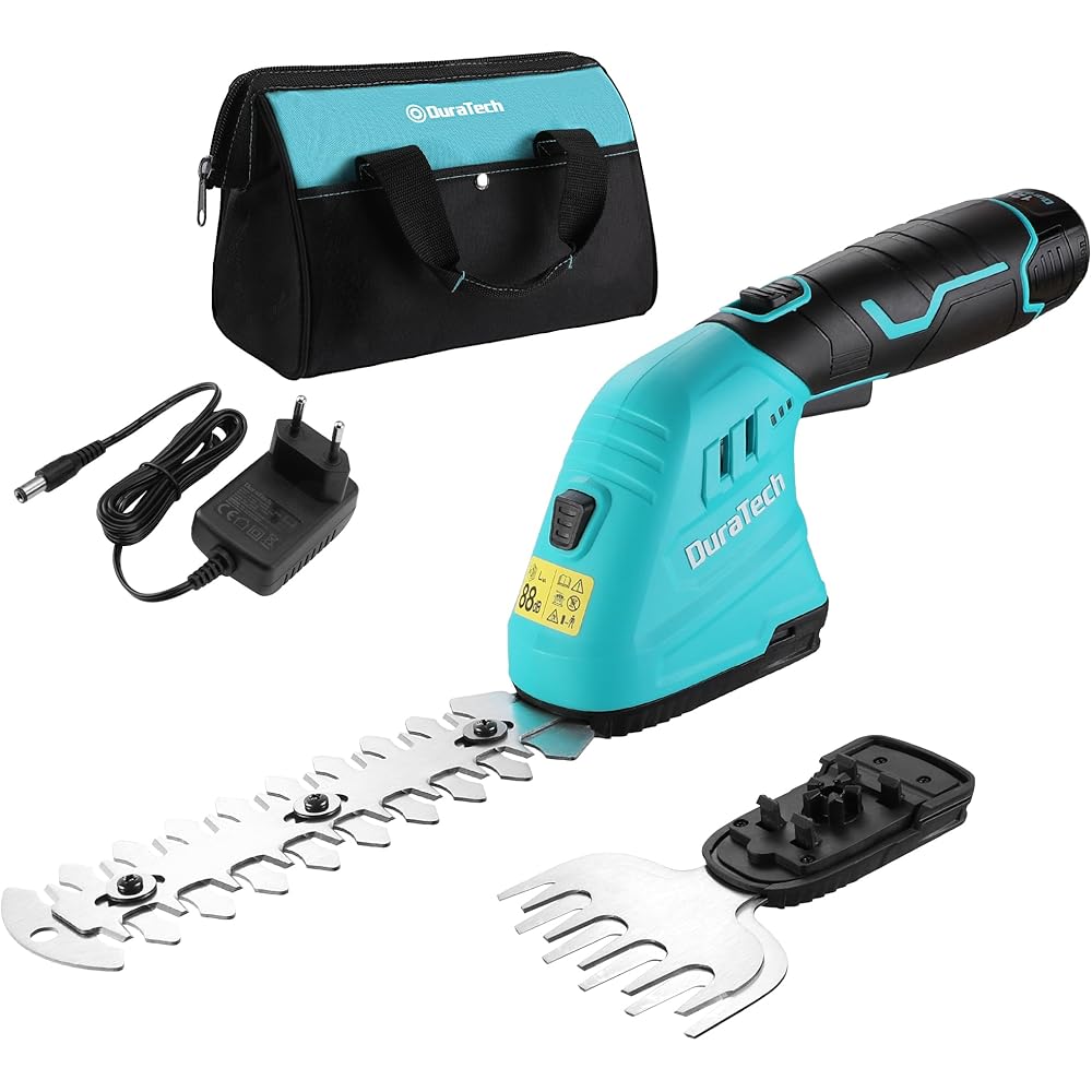 DURATECH Cisaille Sculpte-Haie Electrique, Taille-Herbes sans Fil 12V, Taille Haie Batterie 2000mAh, 2 Lames, Cisaille a Gazon Léger pour Coupe, Elagage, avec Sac Oxford : Jardin