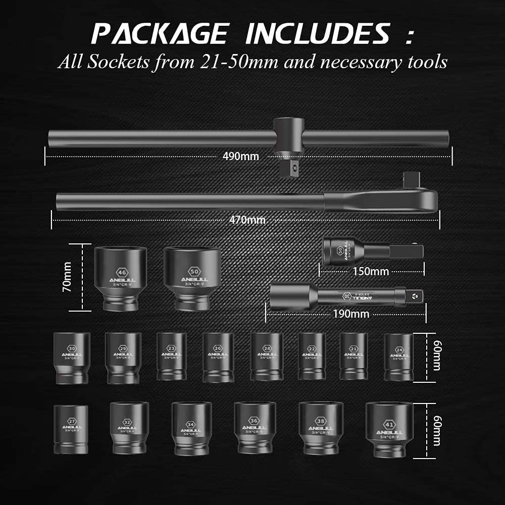 Anbull Jeu de douilles à chocs Jumbo de 3/4" - 21 pièces Coffret de douilles | Tailles métriques standard (21-50 mm) | Jeu de clés à douille en acier Cr-V : Bricolage