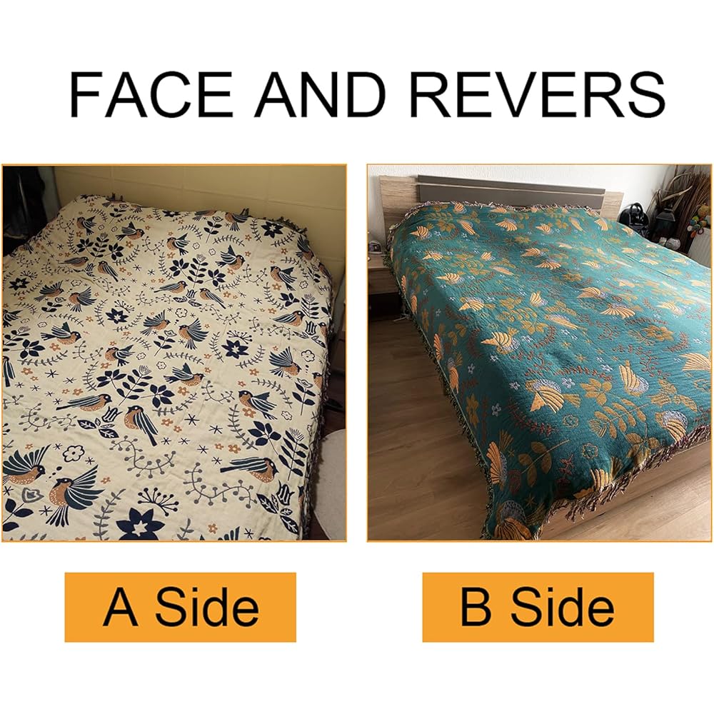 HOORDRY Couverture tissée 100 % coton avec franges, couvre-lit boho double face, 200 × 230 cm, bleu/beige, noble et douillet pour regarder la télé, plaid de fauteuil, couverture réversible : Cuisine et Maison