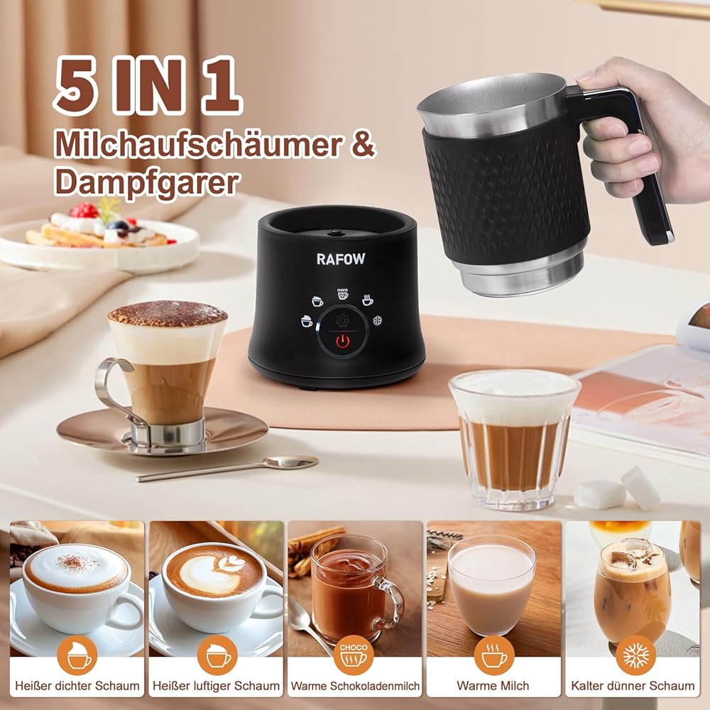Mousseur à lait électrique 5 en 1 - Mousseur à lait automatique - 350 ml - Grande capacité - Passe au lave-vaisselle - Pour mousse de lait chaude et froide - Chocolat chaud - Latte Cappuccino - Noir : Cuisine et Maison