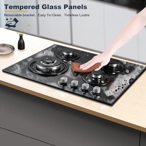 TopStrong Plaque de cuisson gaz 4 feux verre noir