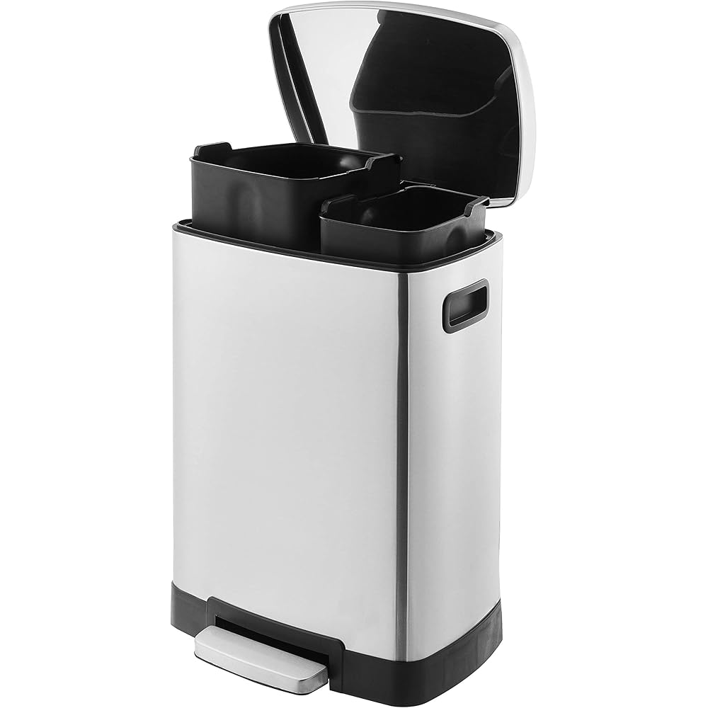 Amazon Basics Poubelle de recyclage rectangulaire à pédale avec 2 compartiments et couvercle à fermeture douce, 25 L & 15 L (40L), argent : Cuisine et Maison