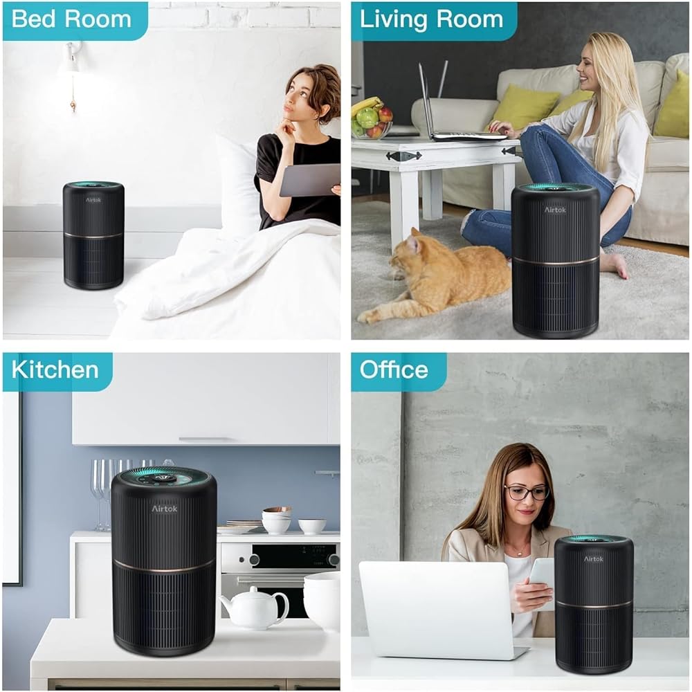 AIRTOK Purificateur d'Air, H13 HEPA Purificateur éliminant 99,97% de la poussière, de la fumée et des odeurs d'animaux, Air Purifier avec éponge parfumée, veilleuse, 3 niveaux de vitesse, Time : Cuisine et Maison