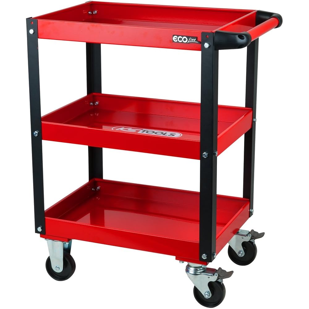 KS TOOLS 890.0001 - Chariot d'atelier métal - Plateaux à rebords - Avec poignée latérale - Avec 4 roues directionnelles - En acier Couleur : Commerce, Industrie et Science