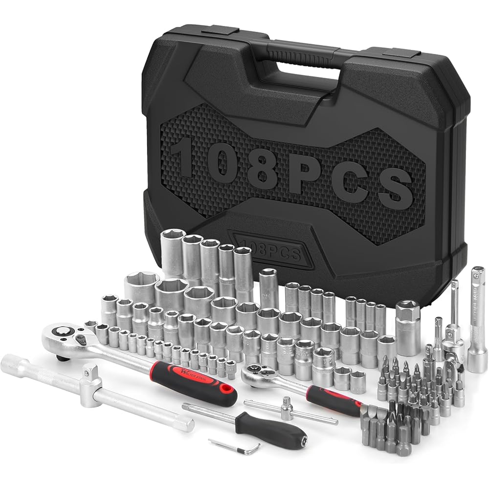 Walter Jeu de douilles en acier 108 pièces avec boîte à douilles 1/4" et 1/2", avec cliquet, clé à douille et jeu d'embouts, douilles, mallette à outils : Bricolage