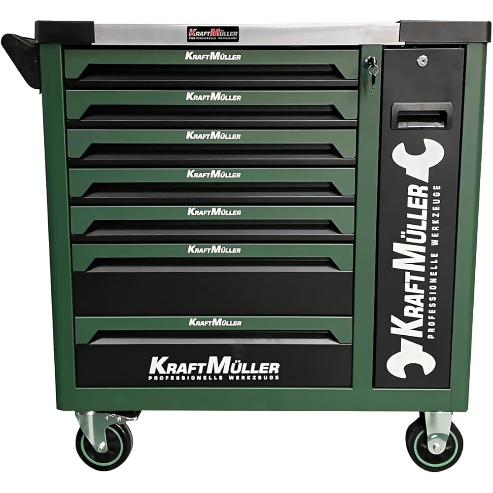 Servante d'atelier Kraft Muller KM-XXL-8/7 TOOL VERT ARMEE, 309 outils avec clé Dynamo, 7 tiroirs/1 porte Façade, roulettes : Bricolage