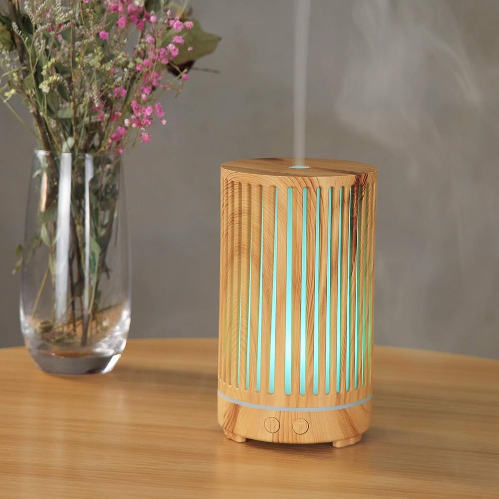 Diffuseur d'huiles essentielles en bambou avec 7 lumières colorées et 3 réglages de minuterie, diffuseur d'aromathérapie pour la maison, le bureau, le spa, sans eau, arrêt automatique, silencieux, : Hygiène et Santé