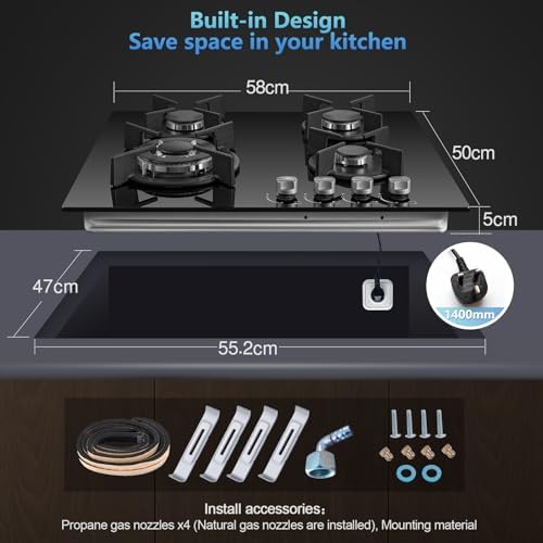 TopStrong Plaque de cuisson gaz 4 feux verre noir