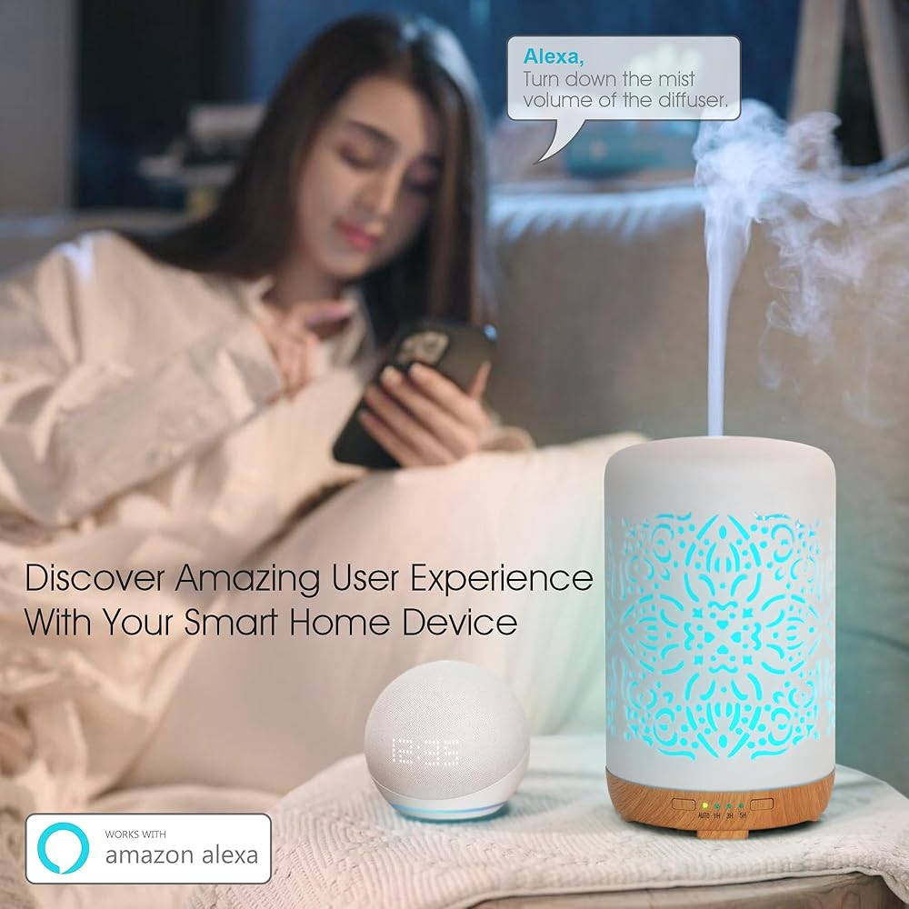 Earnest Living Diffuseur intelligent WiFi pour huiles essentielles Diffuseur en céramique 250 ml avec Alexa Google Home App Contrôle par téléphone LED et arrêt automatique Humidificateur de bureau : Cuisine et Maison