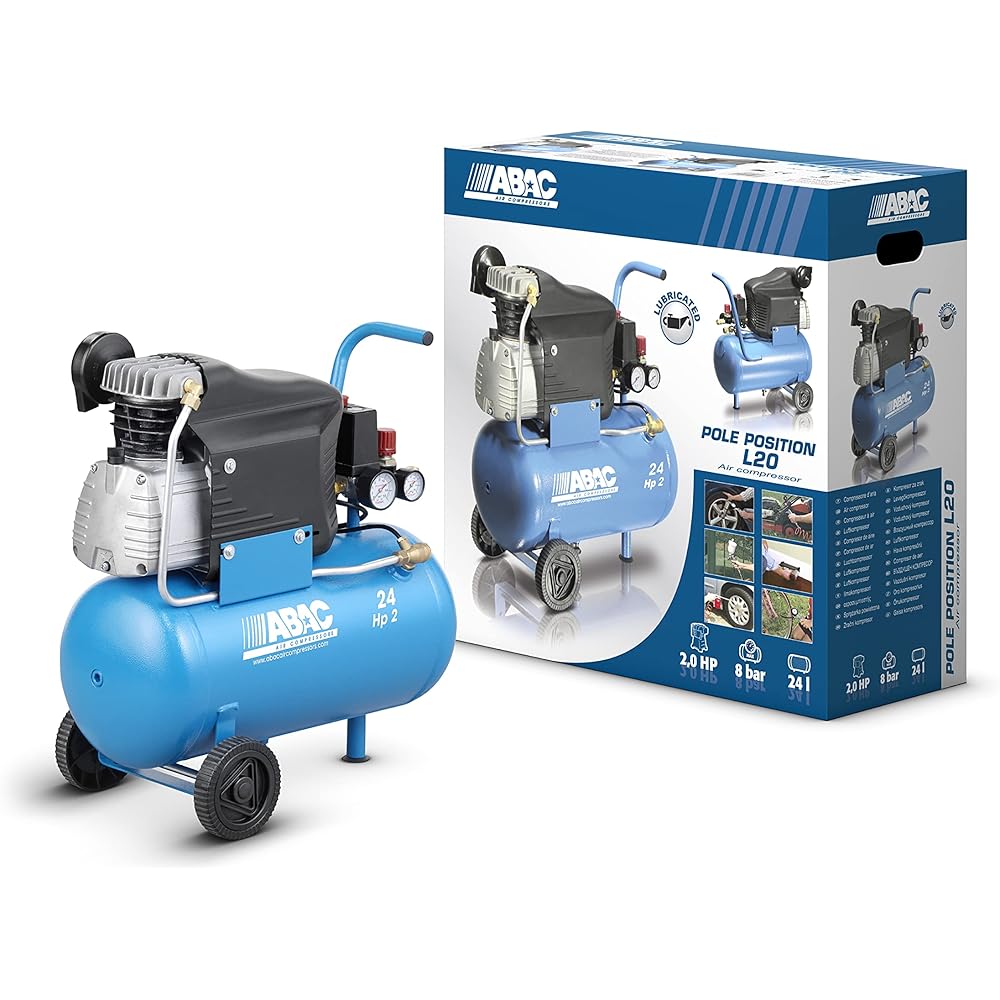 ABAC Pole Position L20 Compresseur d'Air, Compresseur d'Air 24 Litres, Double Manomètre, Pression Max. 10 Bar, Injection d'Huile, Roues de Transport, Puissance 2 CV Bleu Ciel : Bricolage