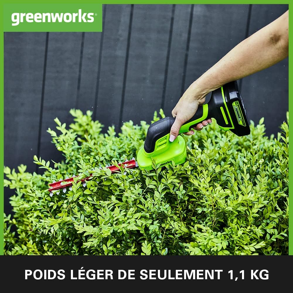 Cisaille sculpte-haies & taille-herbe de 120mm à batterie 2Ah 2en1 Greenworks G24SHTK2 (Li-Ion 24V 2400 coups/min épaisseur 8mm taille-haie de 20cm avec chargeur : Jardin