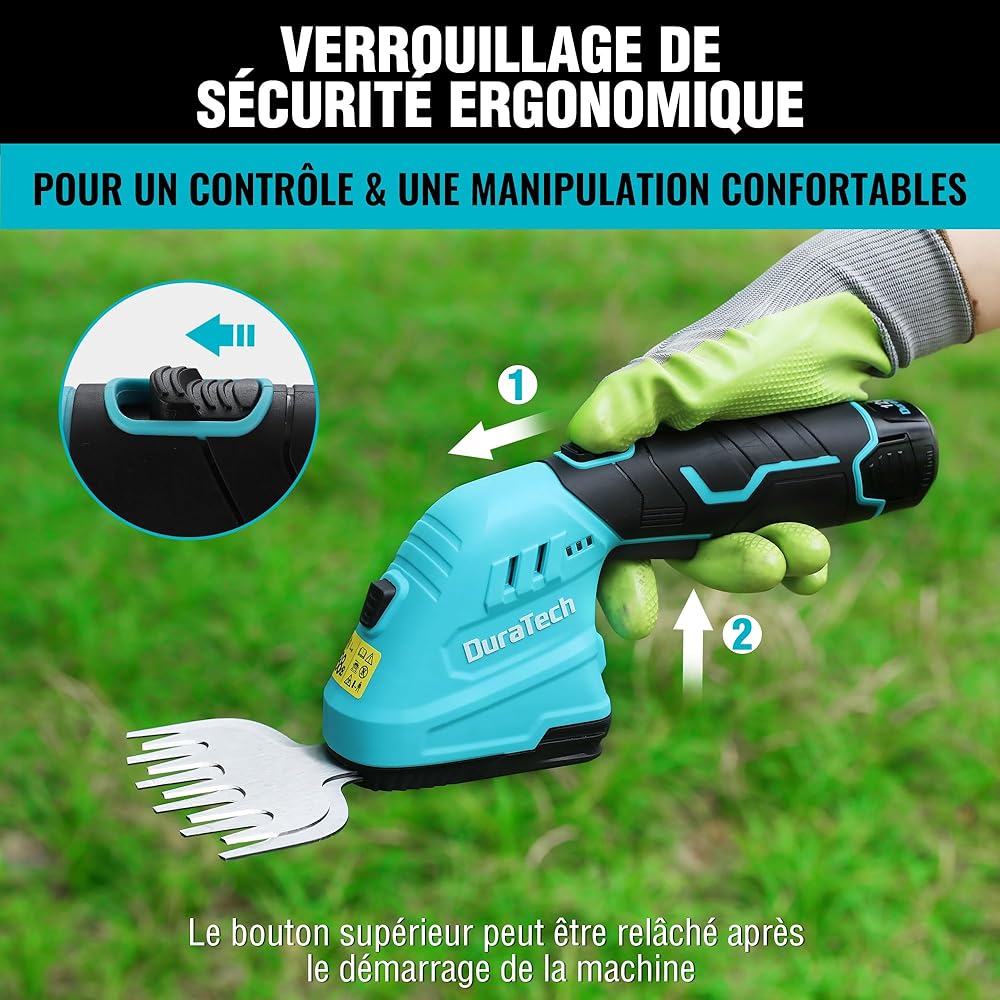 DURATECH Cisaille Sculpte-Haie Électrique et Taille-Herbes Téléscopique sans Fil 12V, Cisaille à Gazon 2 en 1, Largeur/Longueur de Coupe 12/16 cm, Batterie 2000mAh, pour Coupe, Élagage, Bleu & Noir : Jardin