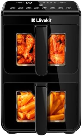 LLIVEKIT Friteuse sans huile 10L, 2 cavités 12-en-1 avec rôtissoire