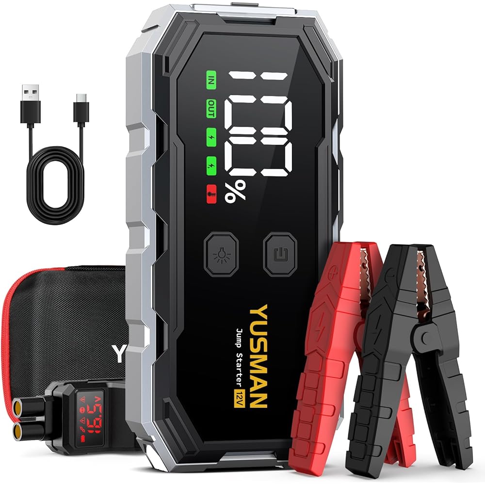 YUSMAN Booster Batterie Voiture 6000A, Démarreur Batterie Voiture Portable (Jusqu'à All GAS/10L Diesel),12V Jump Starter avec Pinces de Sûreté Intelligentes,QC3.0, Lampe à LED, Grand Écran LCD ﻿ : Auto et Moto