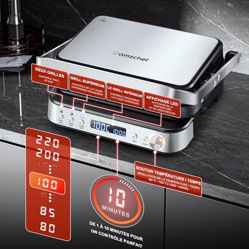 AMZCHEF Appareil 4-en-1 Grill, Panini, Gaufrier