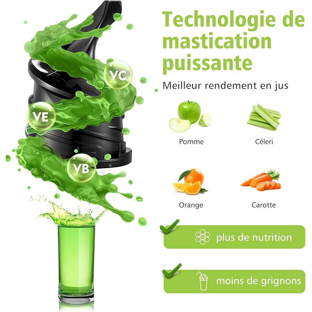 AAOBOSI Extracteur de Jus de Fruits et Légumes Entiers, Slow Juicer Presse à Froid Avec Ouverture de 80 MM/Fonction Inverse/Moteur Silencieux/Sans BPA/Vert : Cuisine et Maison