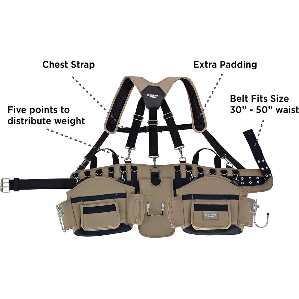 Jackson Palmer Ceinture à outils professionnelle Comfort-Rig avec bretelles réglables (poches amovibles et 2 crochets électriques) – Marron clair et noir : Bricolage