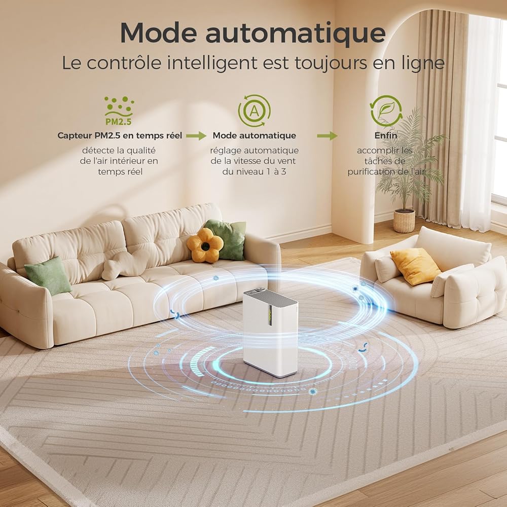 Dhyala Purificateur d'Air Intelligent, contrôle vocal/APP, Purifier jusqu'à 161㎡, véritable filtre à air à charbon actif HEPA, élimine 99,97% polluants, Air Purifier pour Poussières Animaux Odeurs : Cuisine et Maison