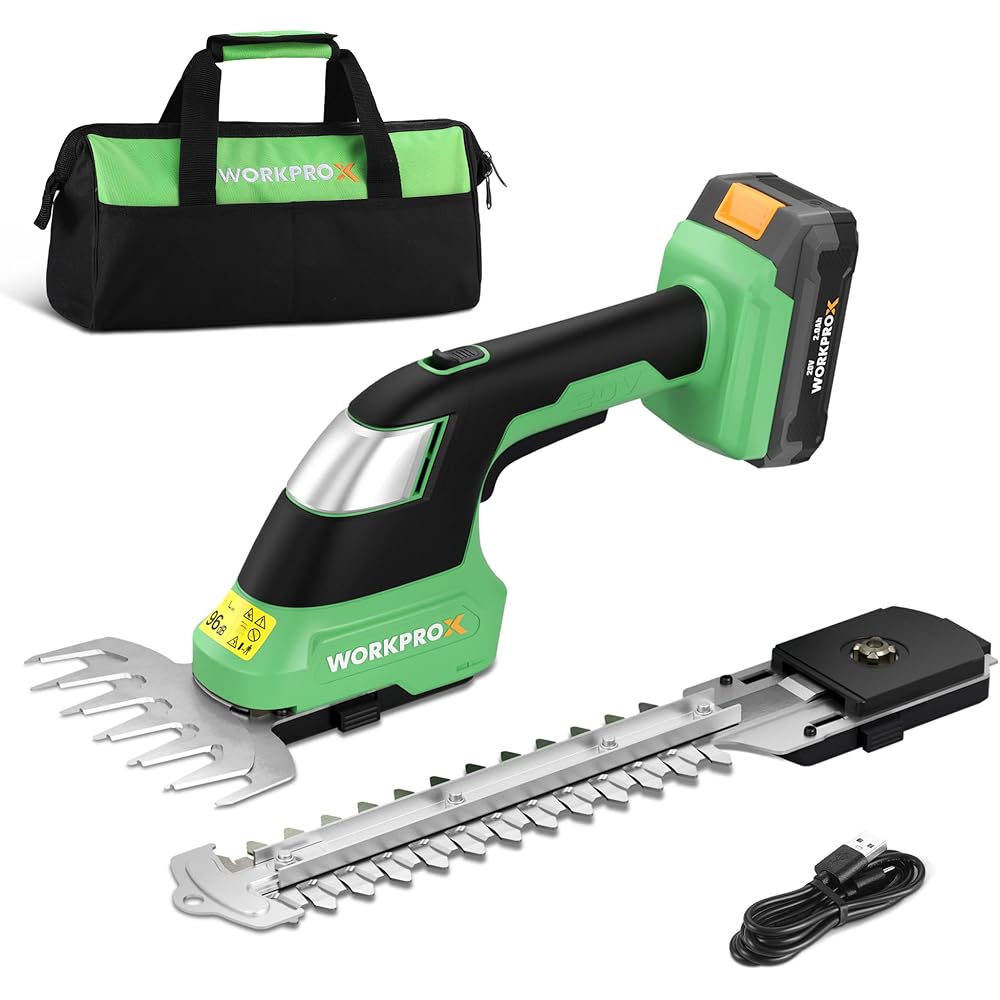 WORKPROX Cisaille Sculpte-Haie sans Fil 20V, Taille-Herbes Électrique avec Batterie 2,0Ah, Longueur/Largeur de Coupe 20 cm/14,5 cm, Ø8 mm, Outil de Jardin pour Gazon, Haies et Élagage, Noir & Vert : Jardin