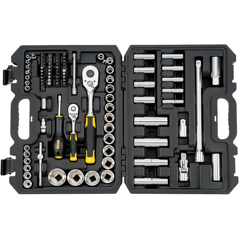 Stanley - COFFRET DE DOUILLES - 1 Cliquet 72 dents ¼’’ - 1 Cliquet 72 dents ½’’ - 41 embouts de vissage - JEU DE 96 PCS - STMT17379-1 : Bricolage