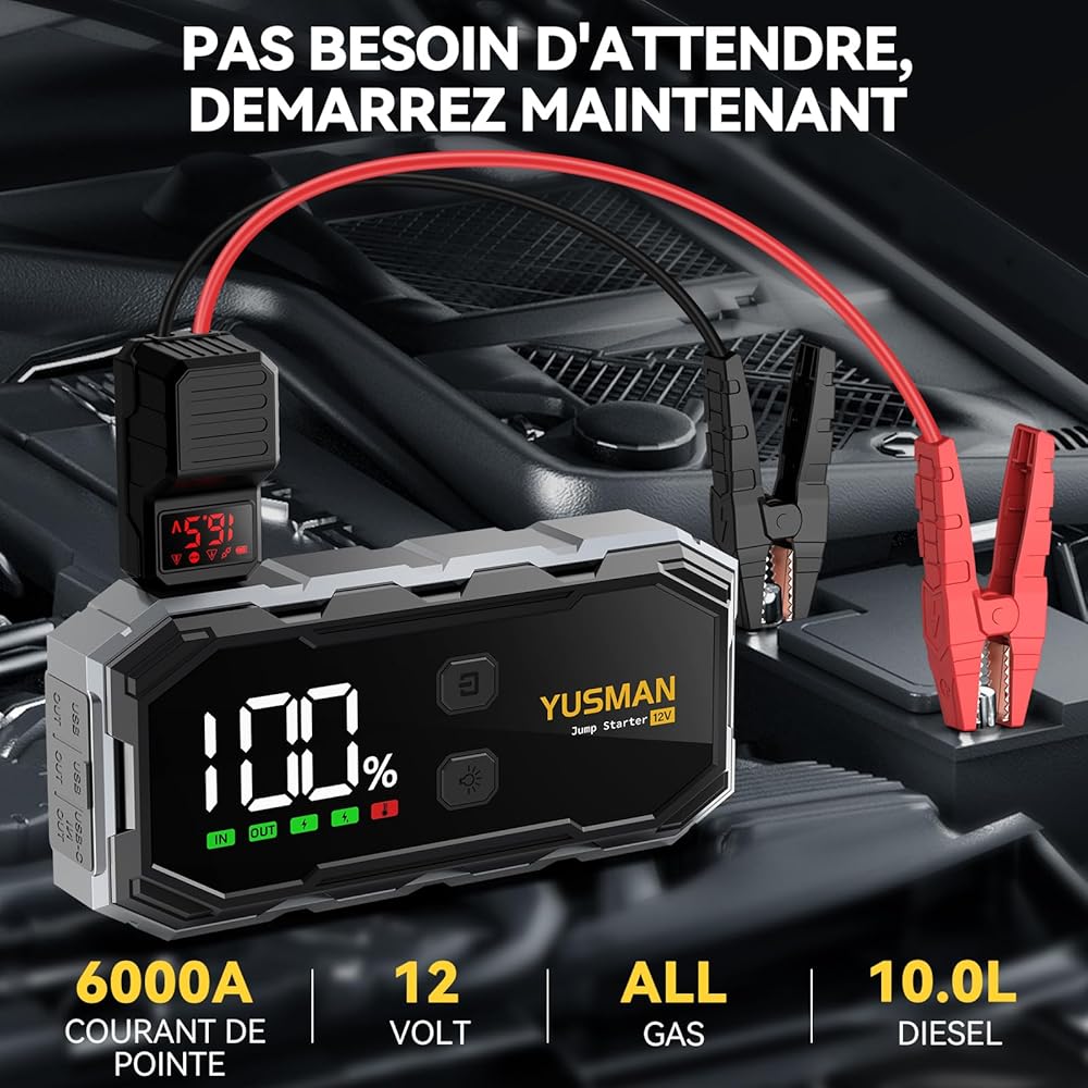 YUSMAN Booster Batterie Voiture 6000A, Démarreur Batterie Voiture Portable (Jusqu'à All GAS/10L Diesel),12V Jump Starter avec Pinces de Sûreté Intelligentes,QC3.0, Lampe à LED, Grand Écran LCD ﻿ : Auto et Moto